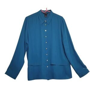 Investments II Solid Teal Long Sleeve Roll Tab Button up Career Casual Size 1X